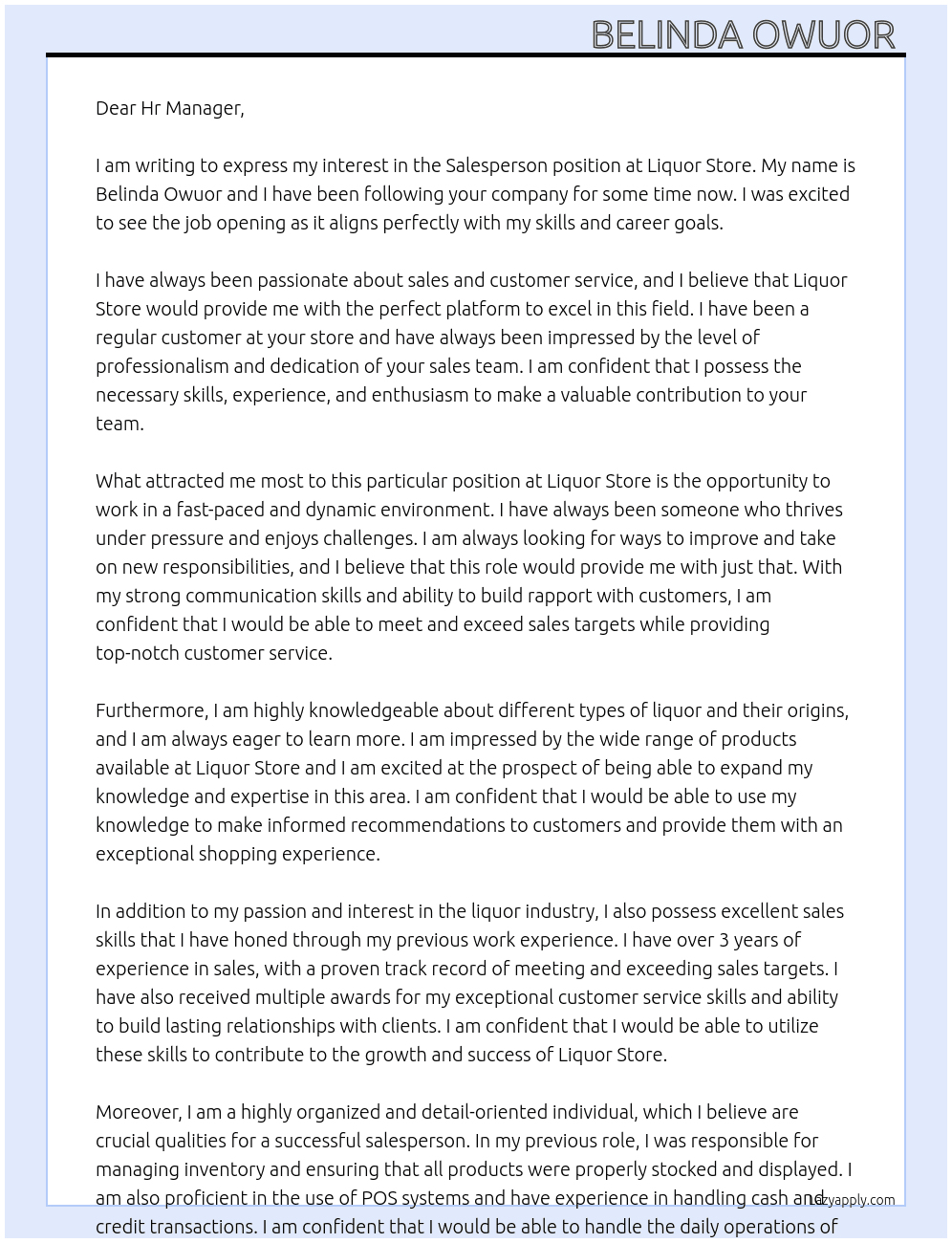 Salesperson  At Liquor store  Cover Letter