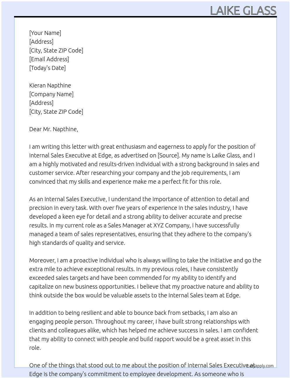 Internal Sales Executive At Edge Cover Letter