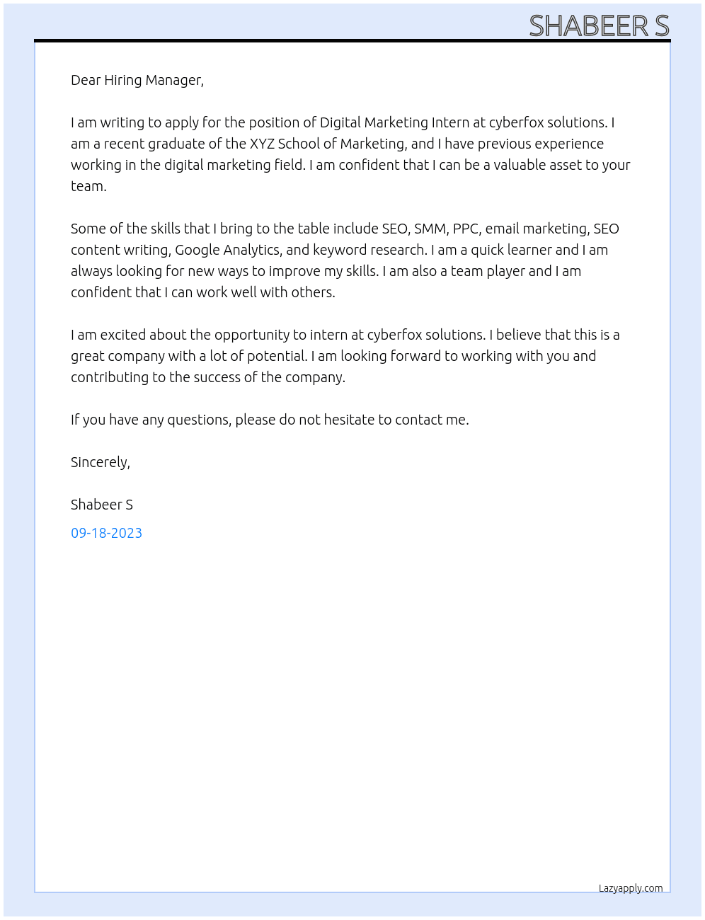 Digital Marketing Intern At cyberfox solutions Cover Letter