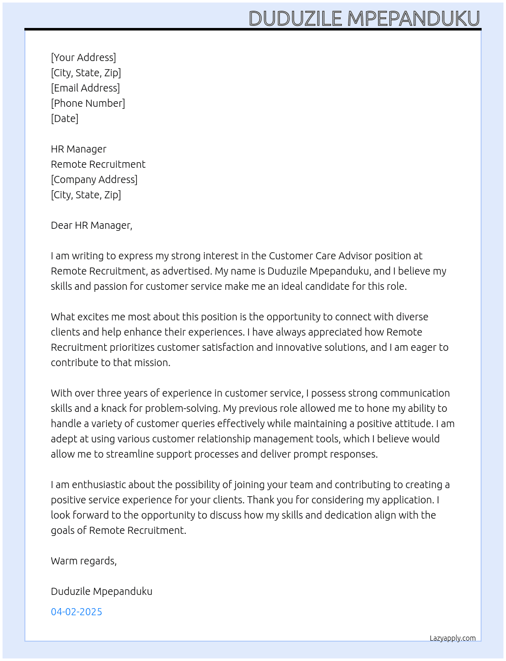 Customer Care Advisor At Remote recruitment Cover Letter