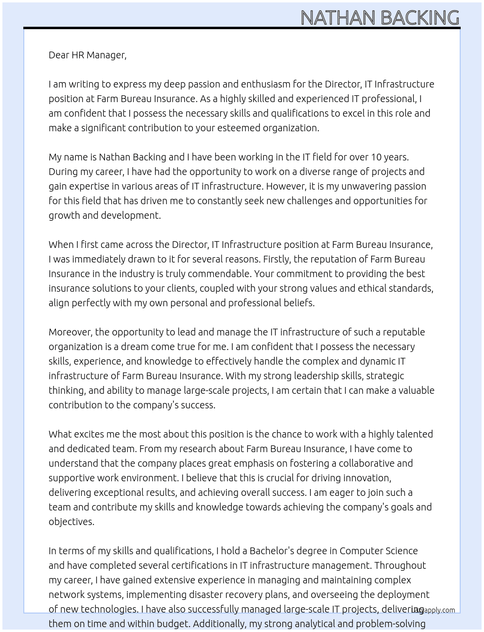 Director, IT Infrastructure  At Farm Bureau Insurance Cover Letter
