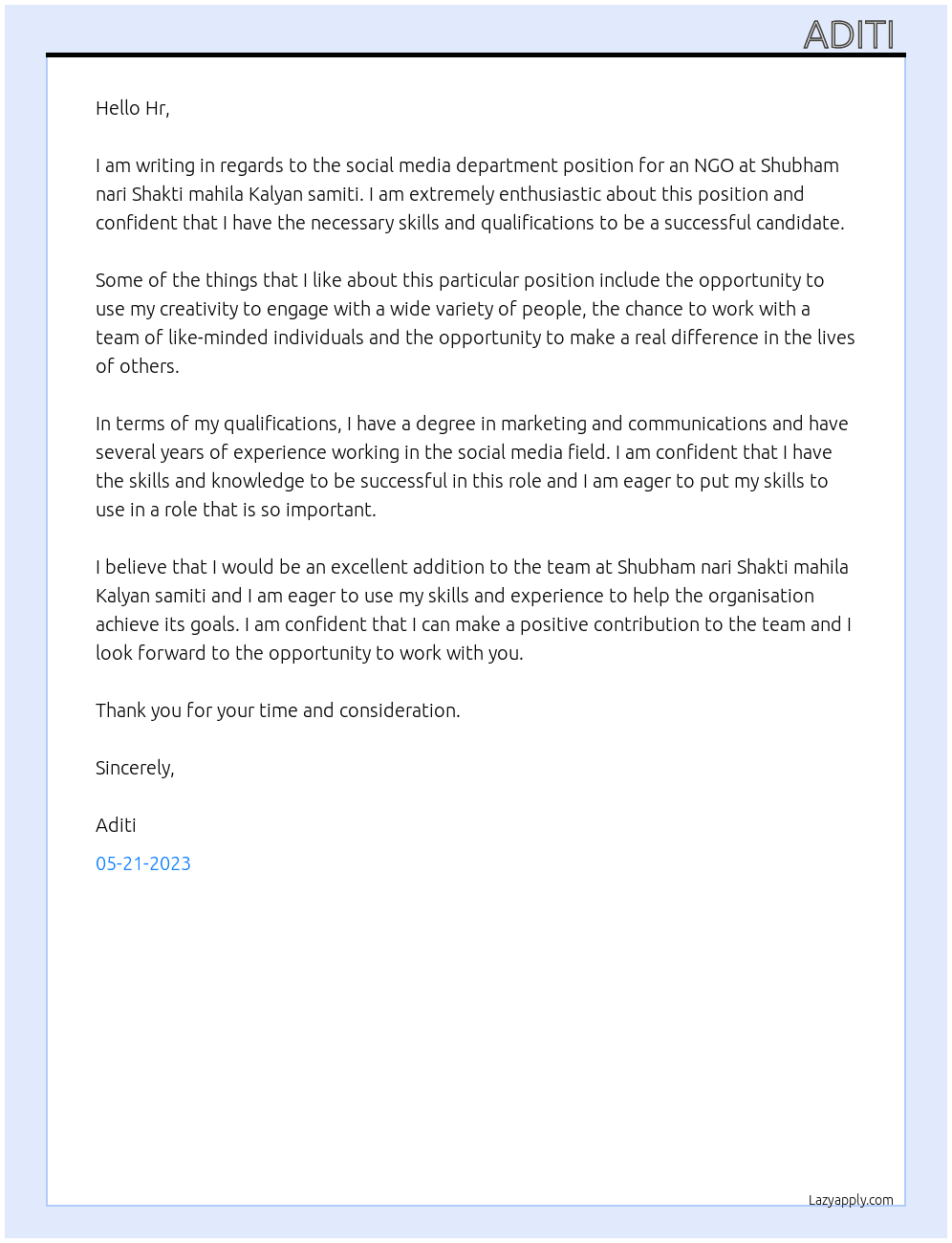 Social media department for an NGO  At Shubham nari Shakti mahila Kalyan samiti  Cover Letter