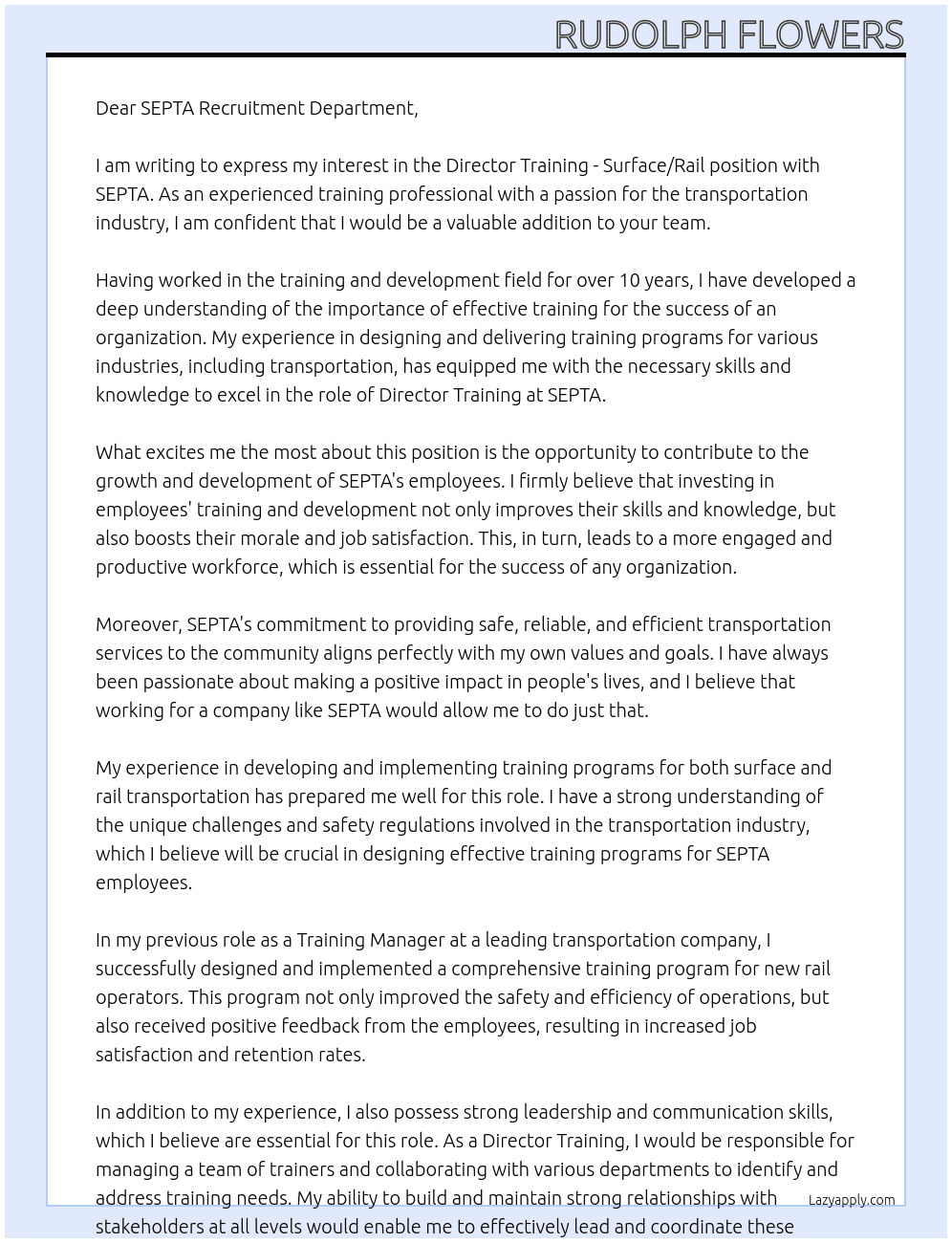 Director Training - Surface/Rail At SEPTA Cover Letter