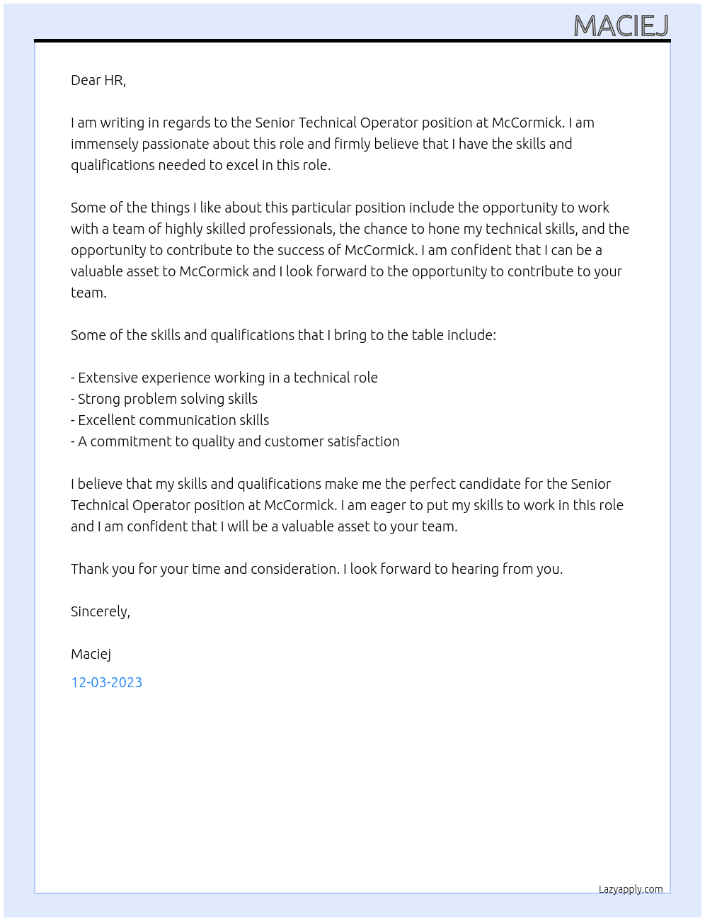 Senior Technical Operator At McCormick Cover Letter