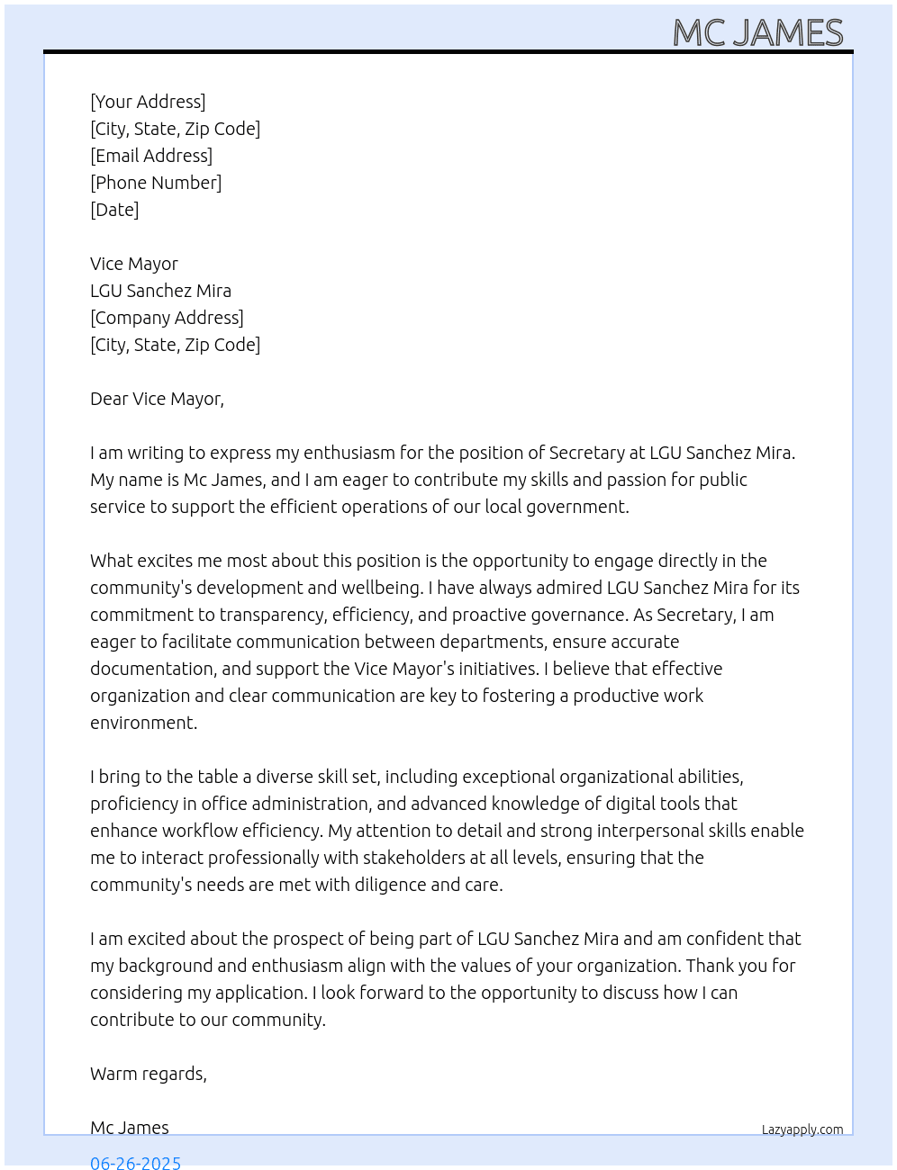 Secretary  At Lgu Sanchez Mira  Cover Letter