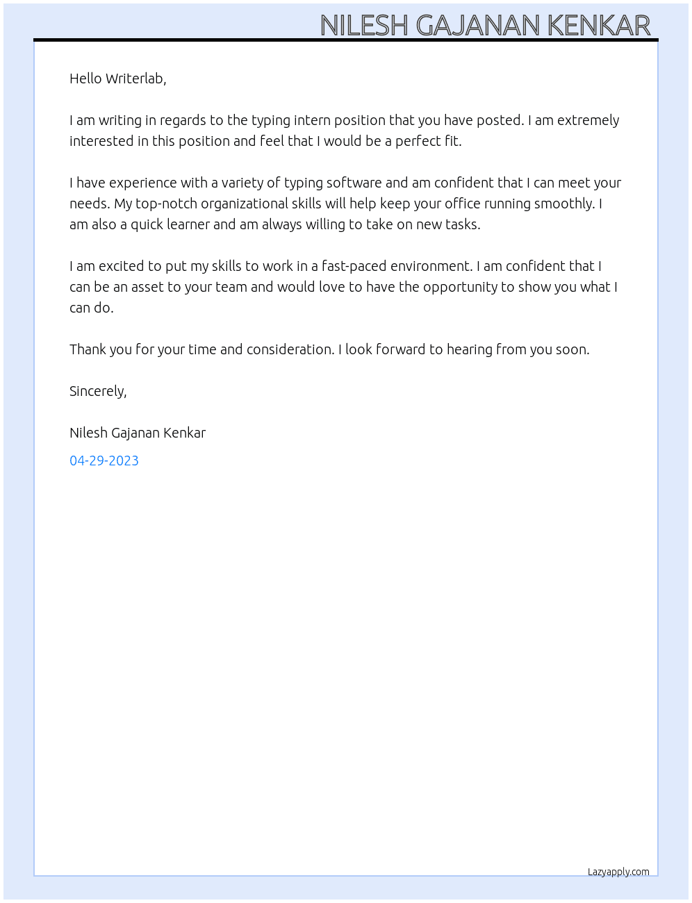 Typing intern At Writerlab Cover Letter