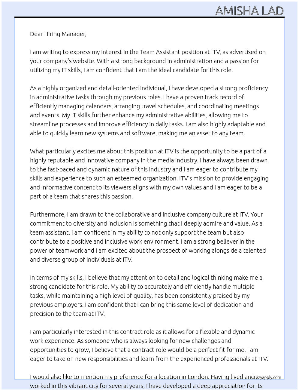 team assistant At itv Cover Letter