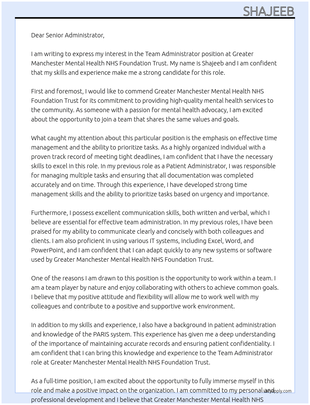 team administrator At Greater Manchester Mental Health NHS Foundation Trust Cover Letter