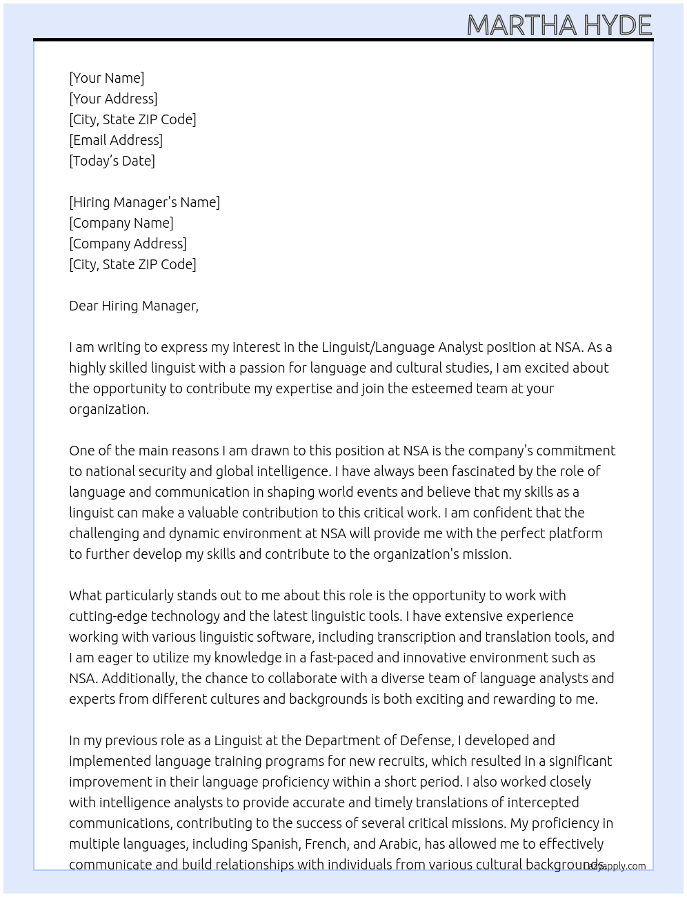 Linguist/ Language Analyst  At NSA Cover Letter
