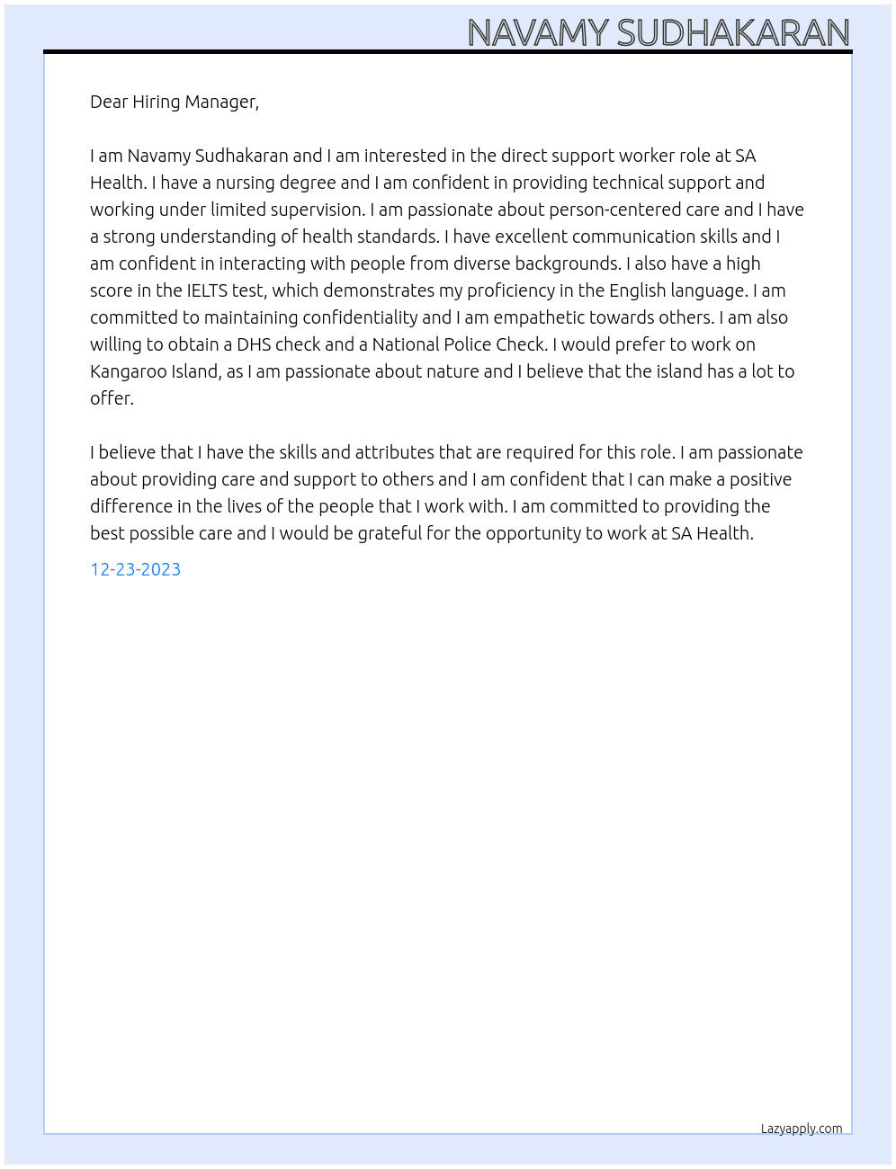 Direct support worker At SA Health Cover Letter