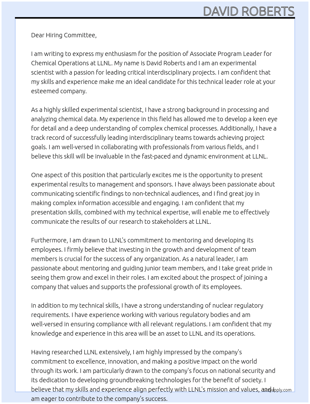 Associate Program Leader for Chemical Operations At LLNL Cover Letter
