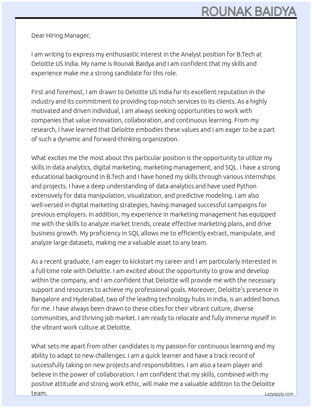 Analyst for B.Tech At Deloitte US India  Cover Letter