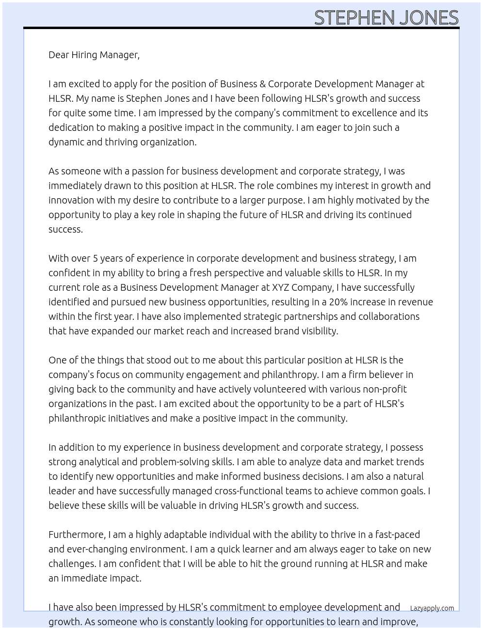 Business  & Corporate Development Manager At HLSR Cover Letter