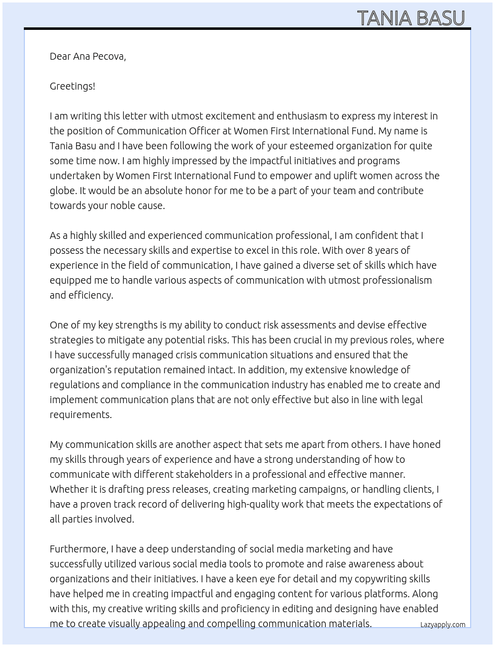 Communication officer  At Women First International Fund  Cover Letter