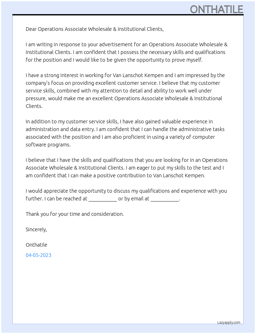 Operations Associate Wholesale & Institutional Clients At Van Lanschot Kempen Cover Letter