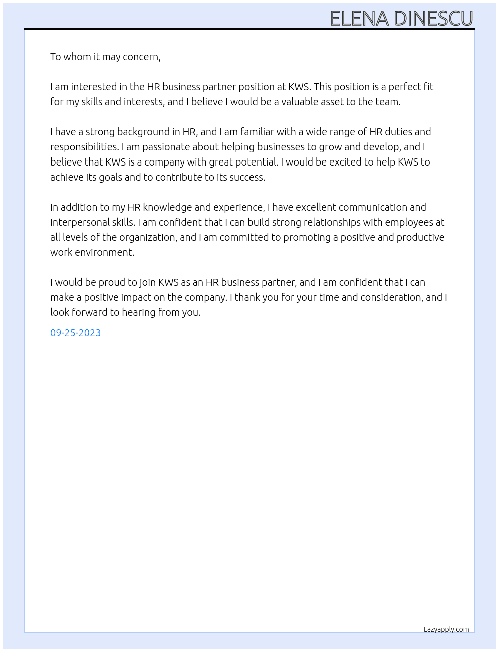 Hr busineess partner At KWS Cover Letter