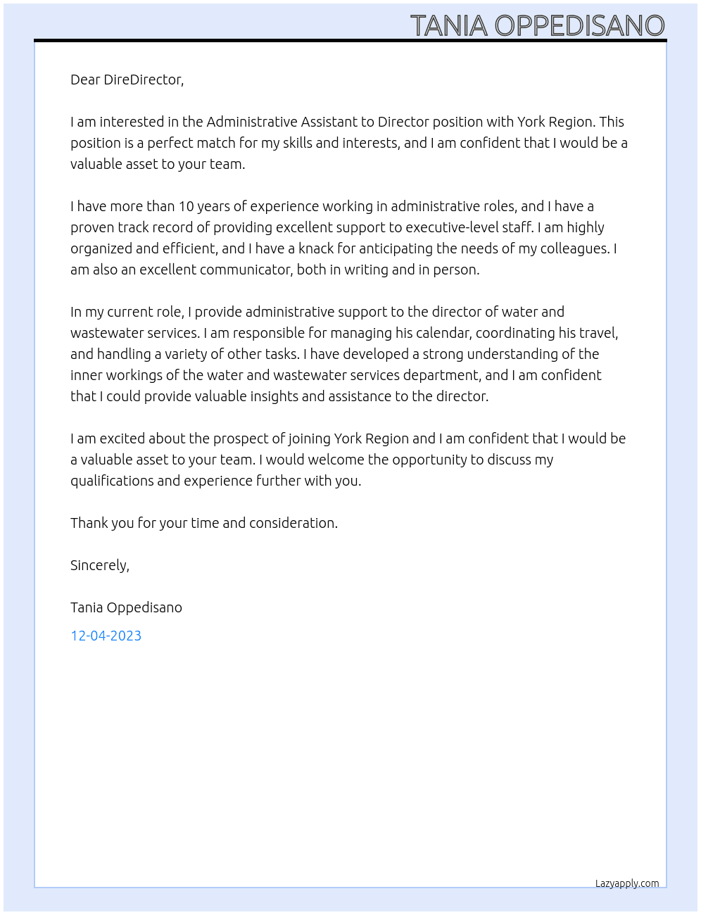 Administrative Assistant to Director At York Region Cover Letter