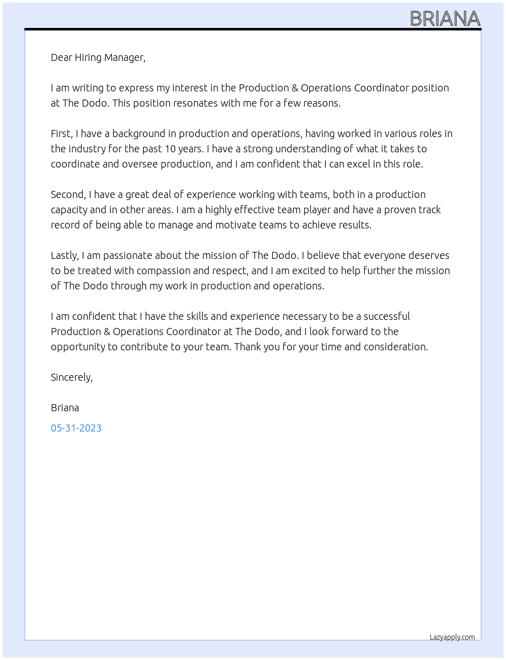 Production & Operations Coordinator At The Dodo Cover Letter