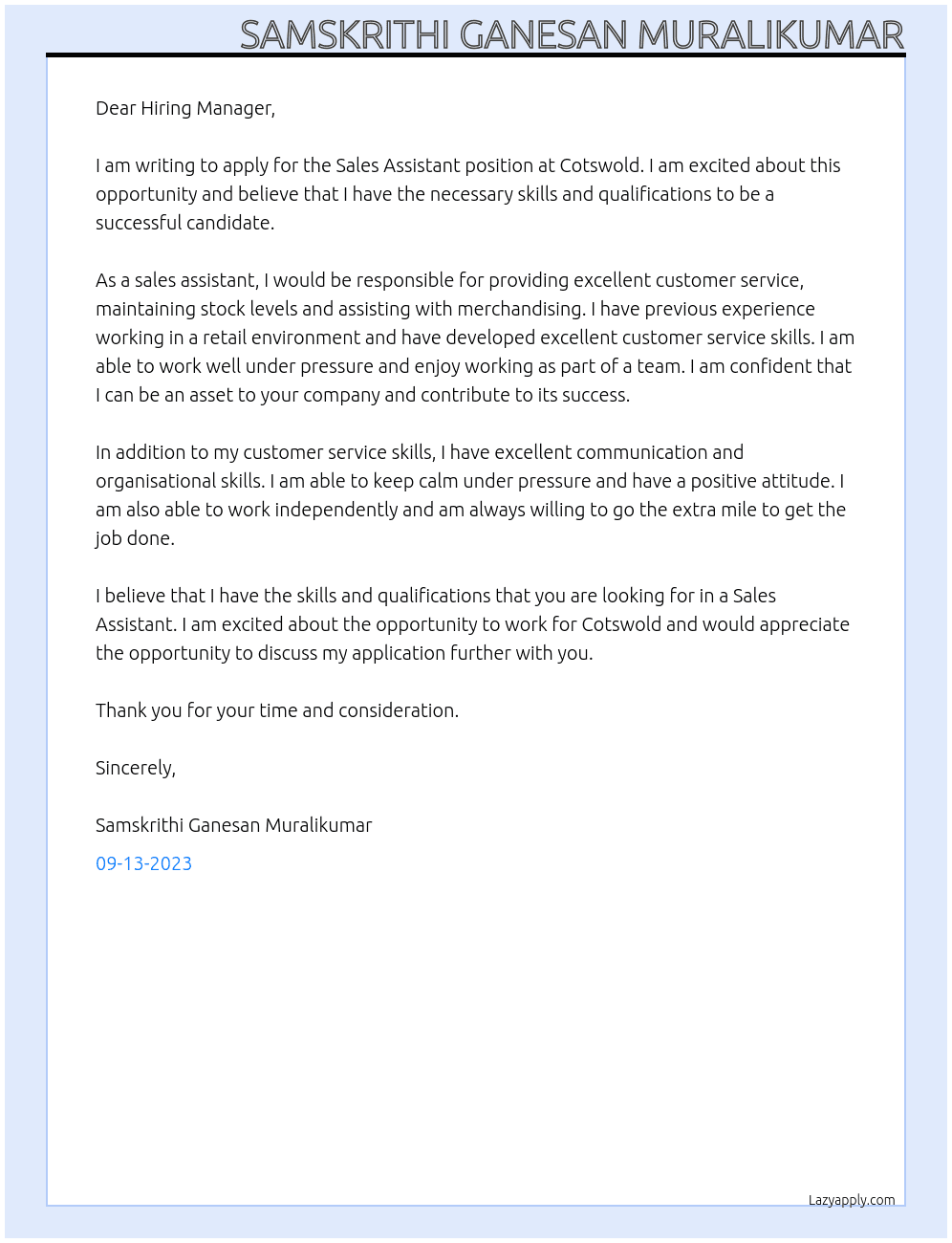 Sales Assistant At Cotswold Cover Letter