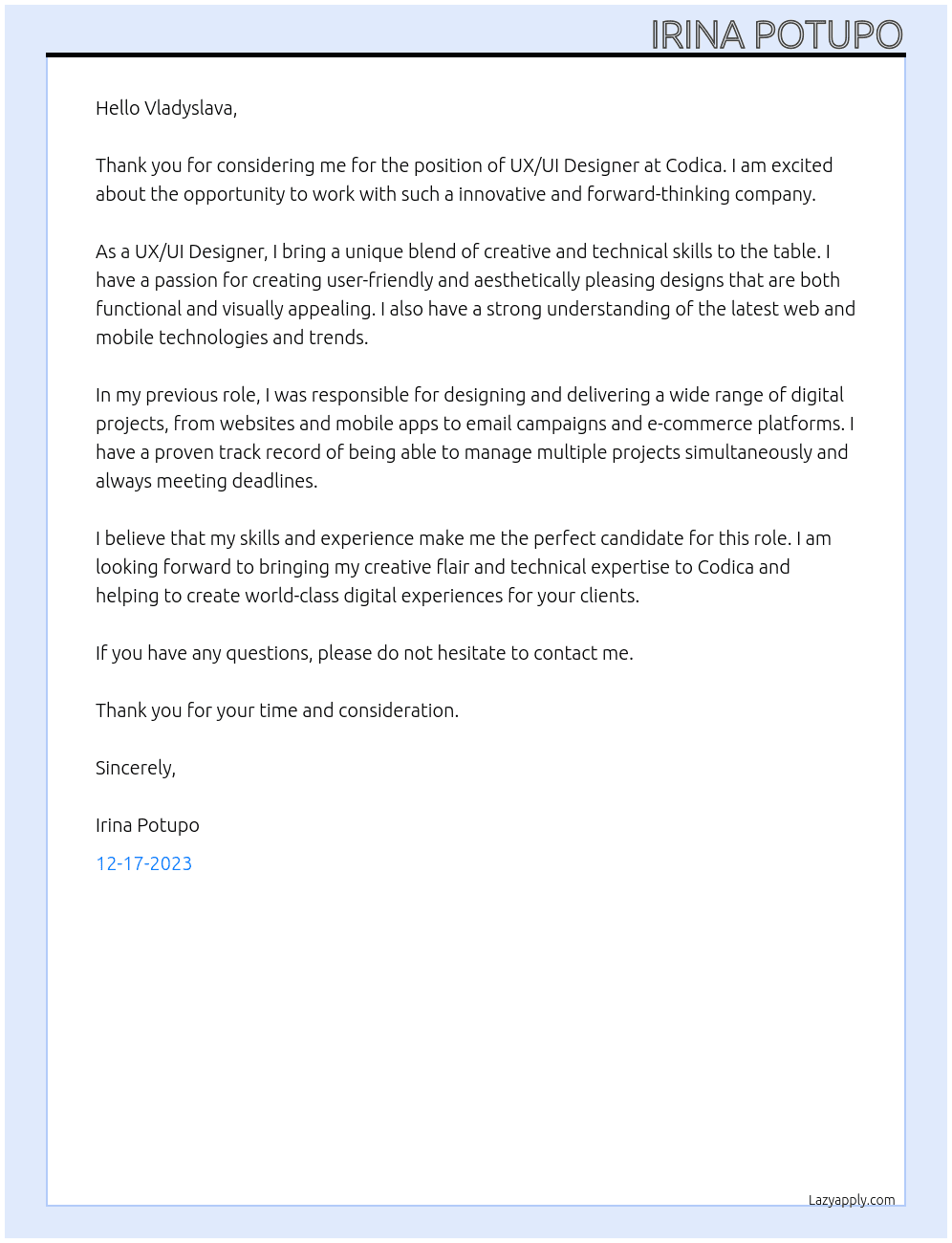 UX/UI Designer At Codica Cover Letter