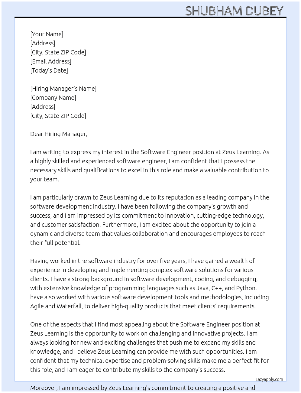 Software Engineer  At Zeus learning  Cover Letter
