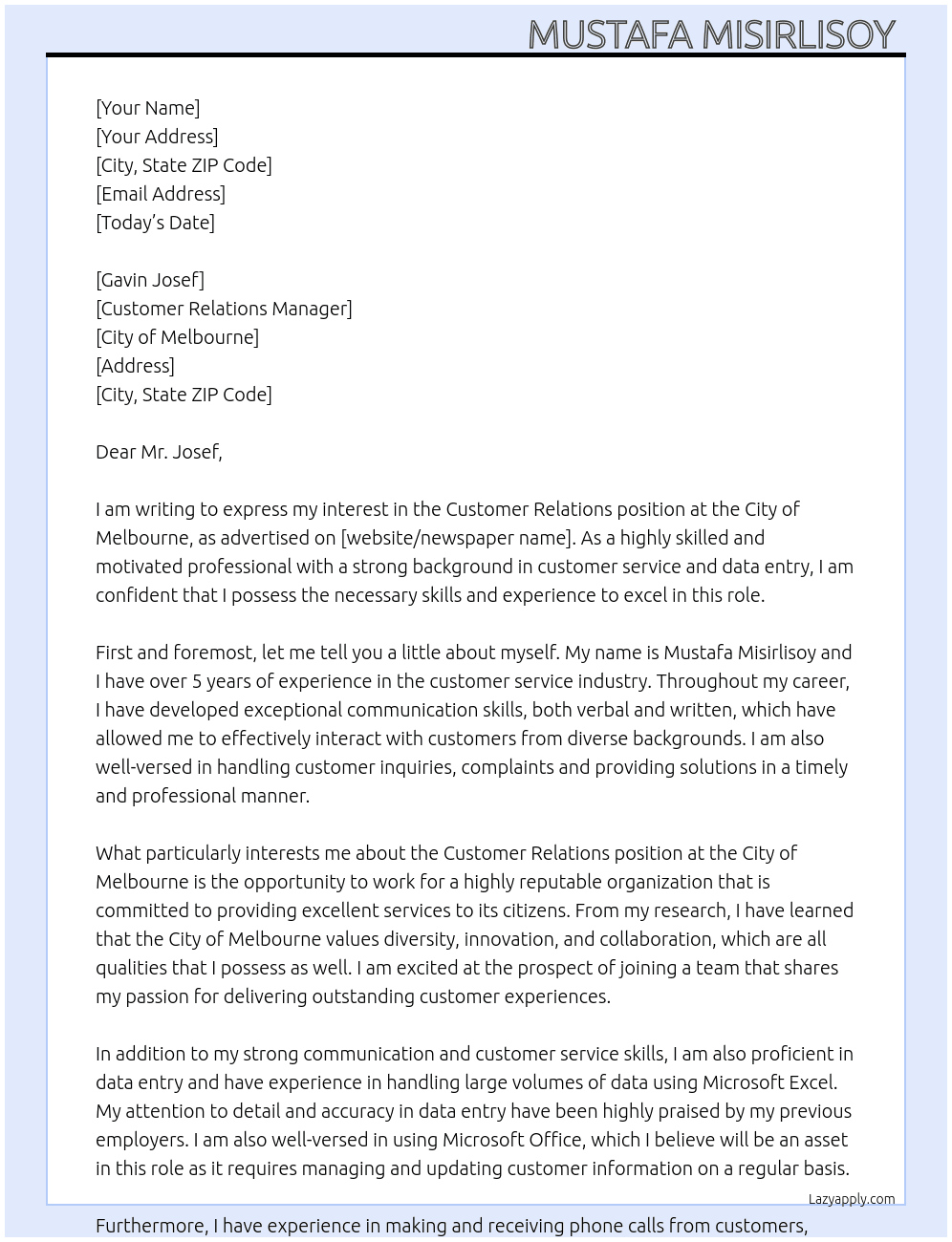 Customer Relations At City of Melbourne Cover Letter