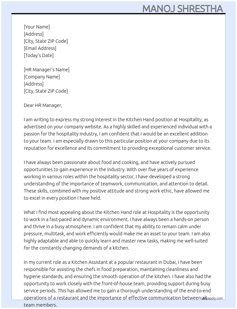 Kitchen Hand  At Hospitality  Cover Letter