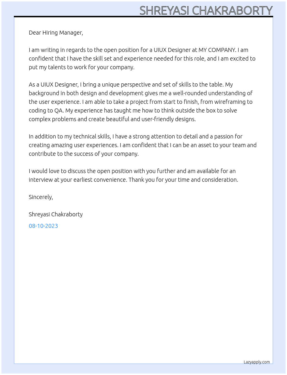 UIUX Designer At MY COMPANY Cover Letter