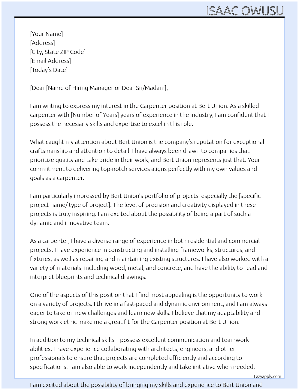 Carpenter At Bert union Cover Letter