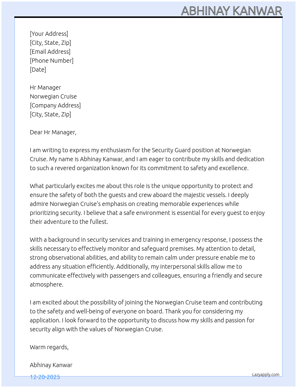 Security guard At Norwegian cruise Cover Letter