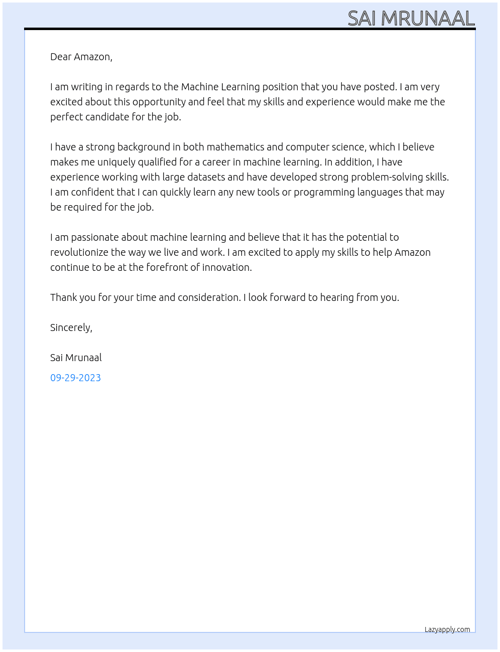 Machine Learning  At Amazon Cover Letter