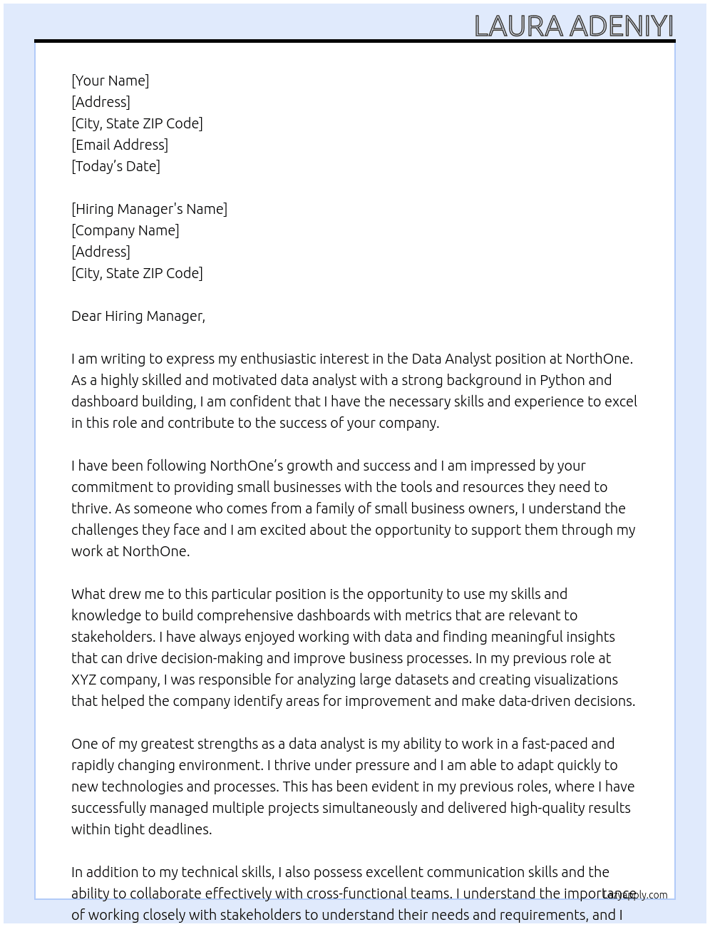 Data Analyst At NorthOne Cover Letter