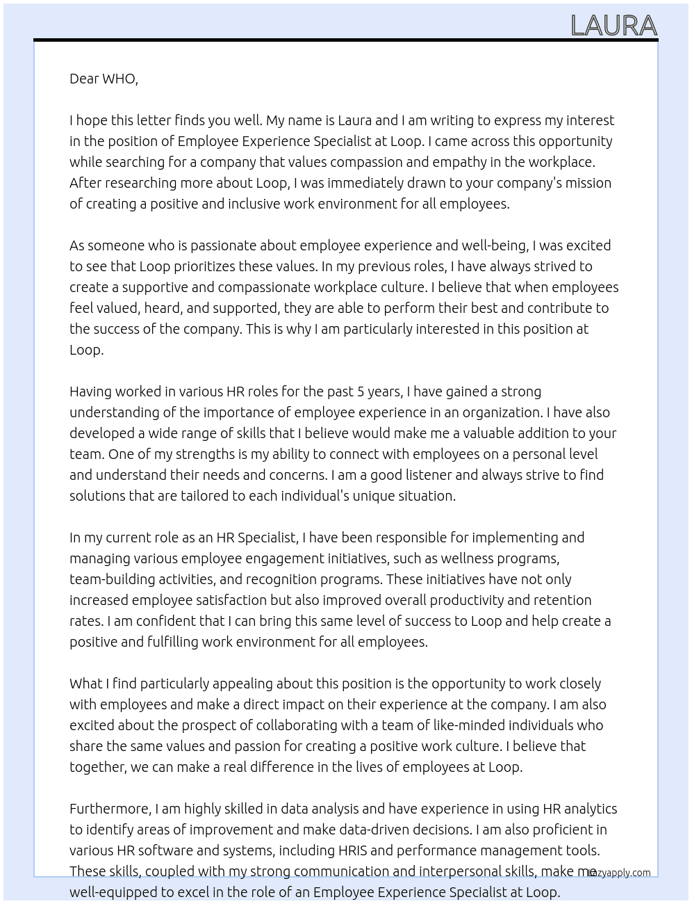 Employee Experience Specialist At Loop Cover Letter