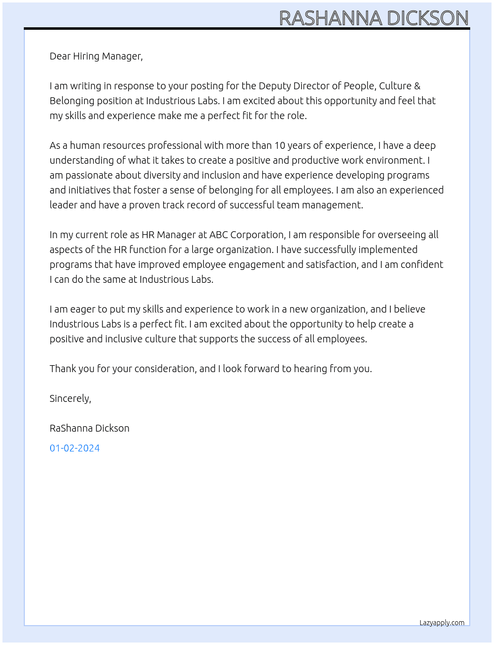 Deputy Director of People, Culture & Belonging At Industrious Labs Cover Letter