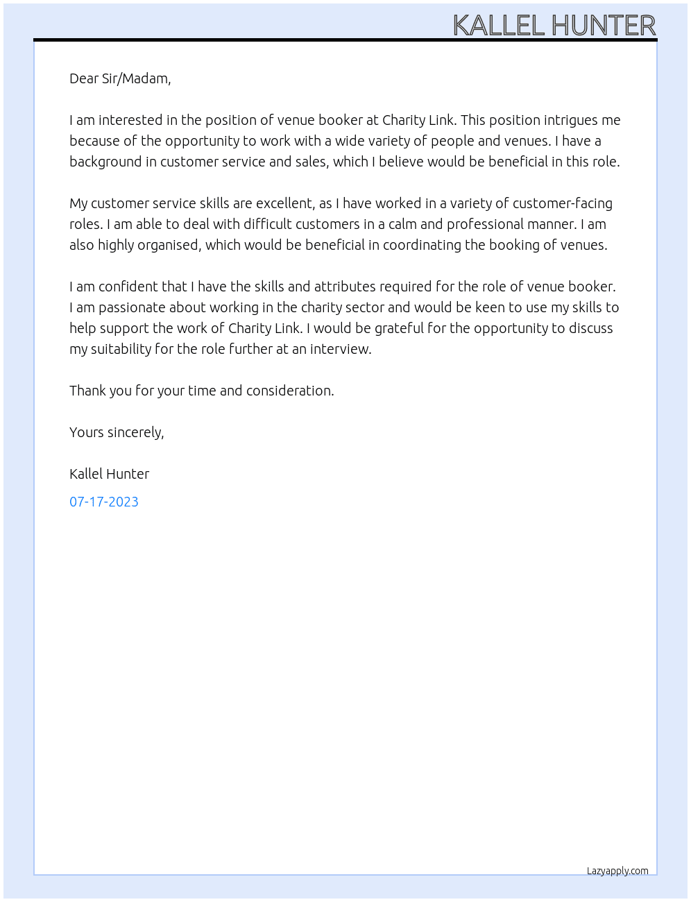 venue booker At Charity Link Cover Letter