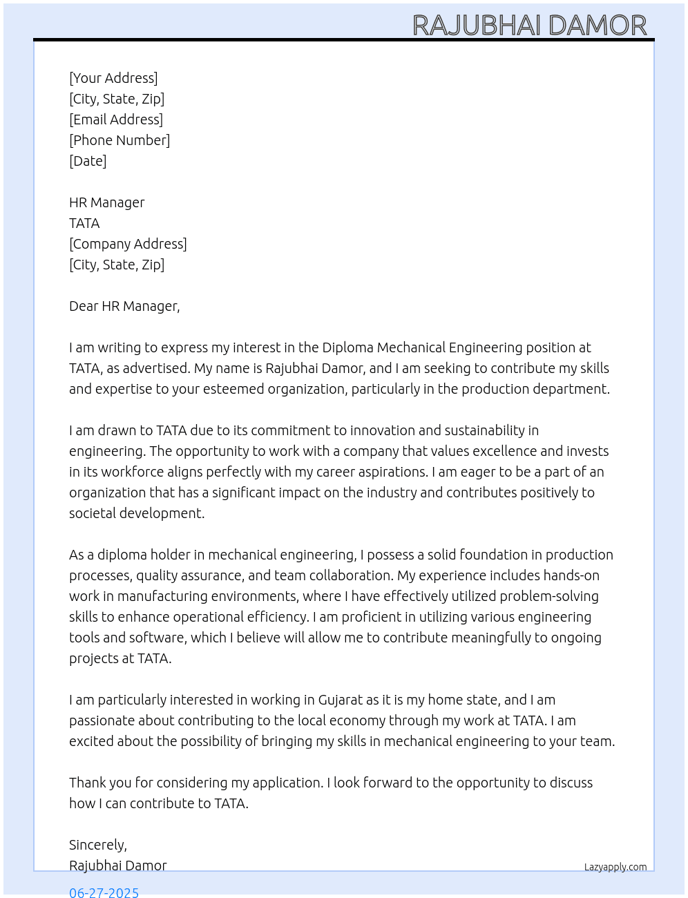 Cover letter for diploma mechanical engineering - LazyApply