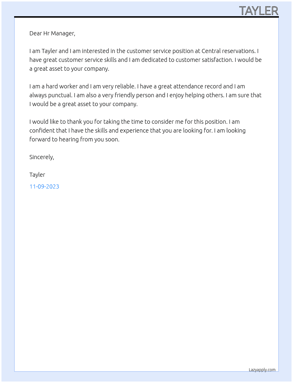 Customer service  At Central reservations  Cover Letter