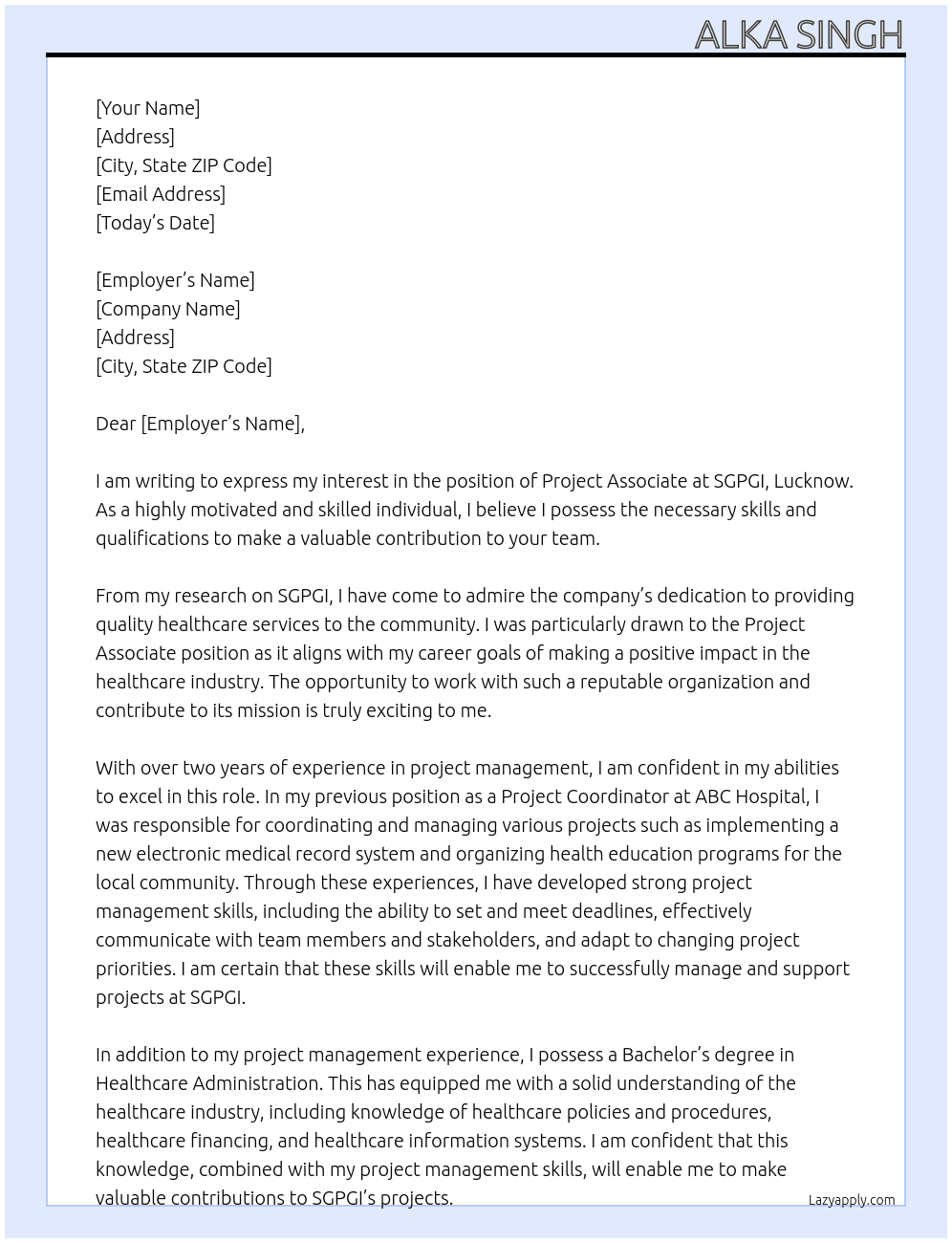 Project Associate  At SGPGI, Lucknow Cover Letter
