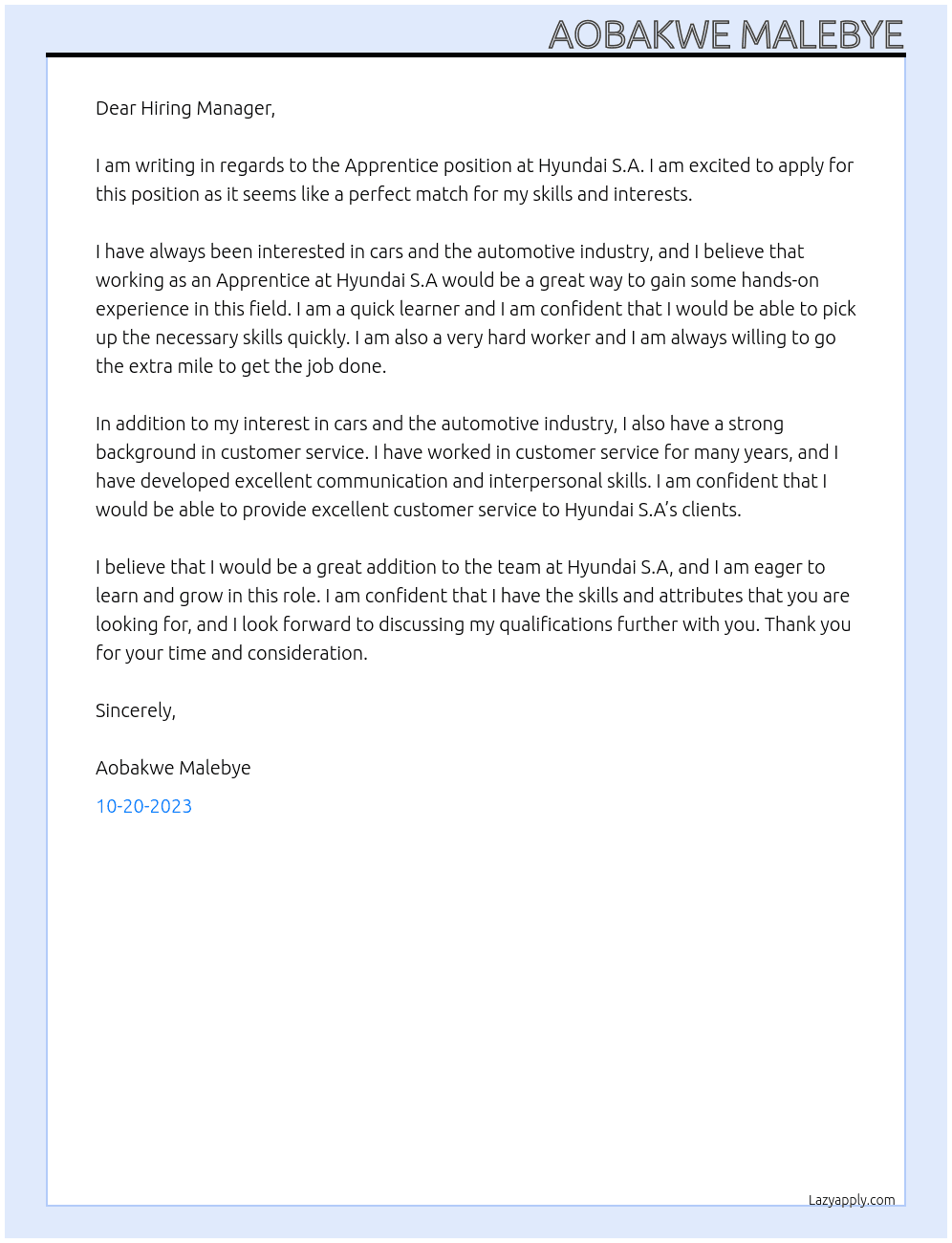 Apprentice At Hyundai S.A Cover Letter