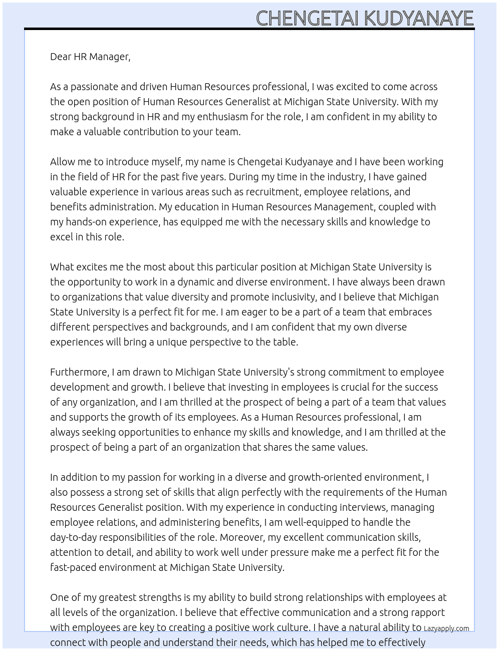 Human Resources generalist  At Michigan state university  Cover Letter