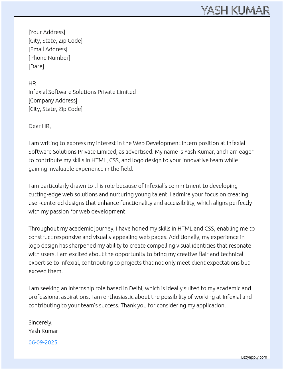 Web Development Intern At infexial software solutions private limited Cover Letter