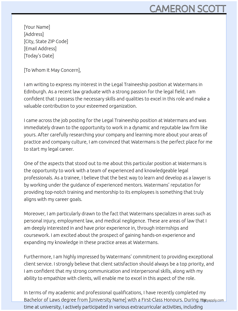 Legal traineeship At Watermans Cover Letter