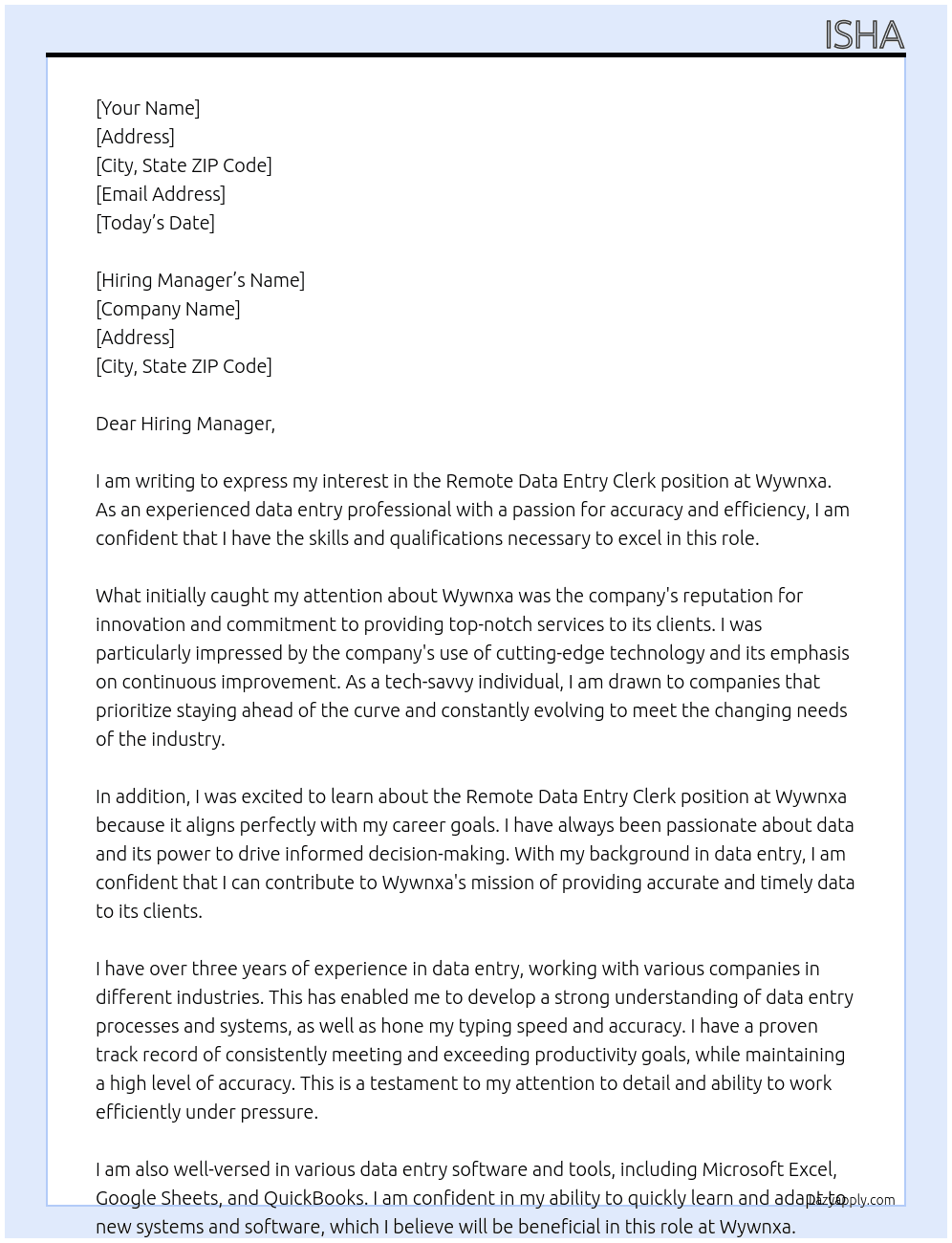 Remote Data Entry Clerk Position At Wywnxa Cover Letter