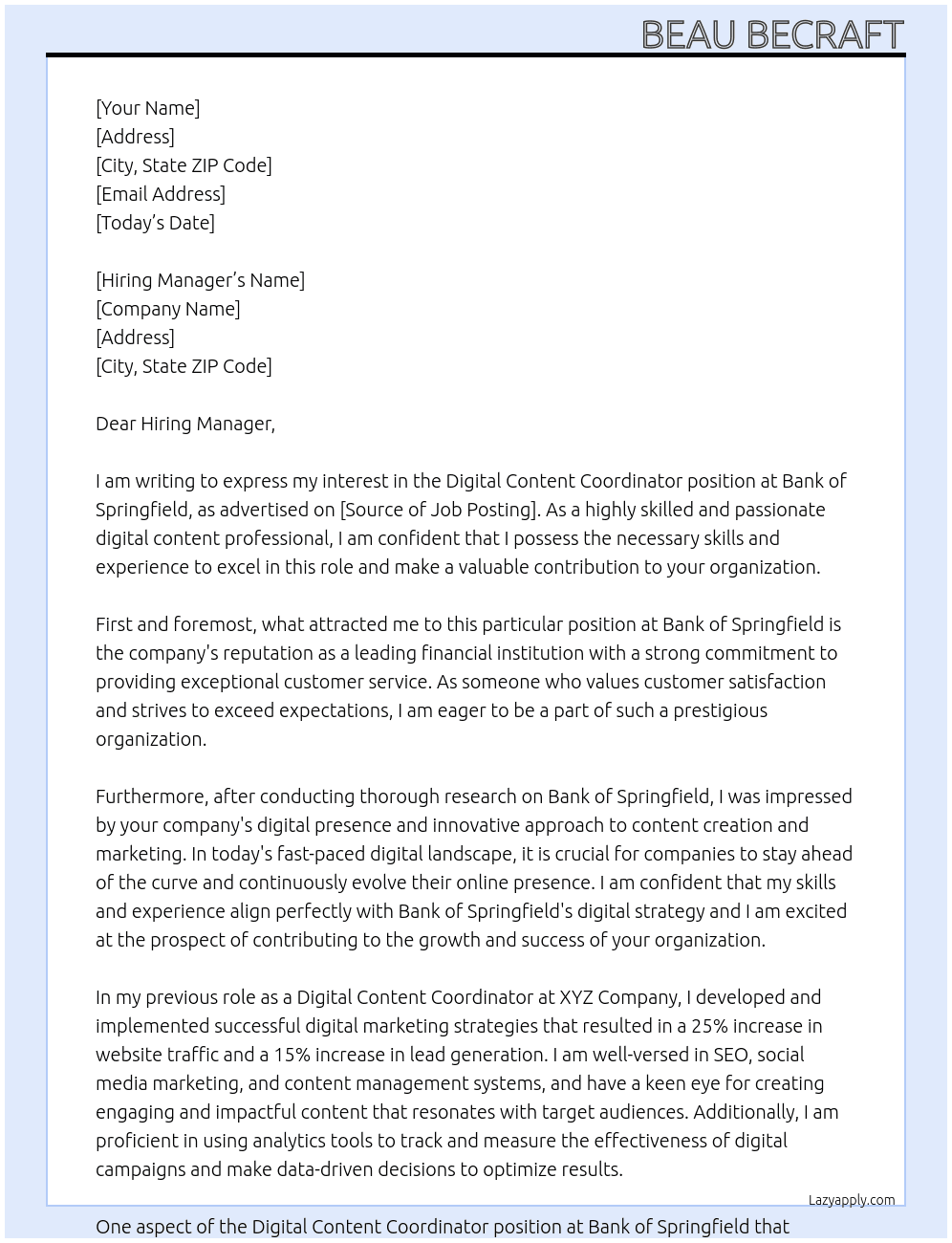 Digital Content Coordinator At Bank of Springfield Cover Letter
