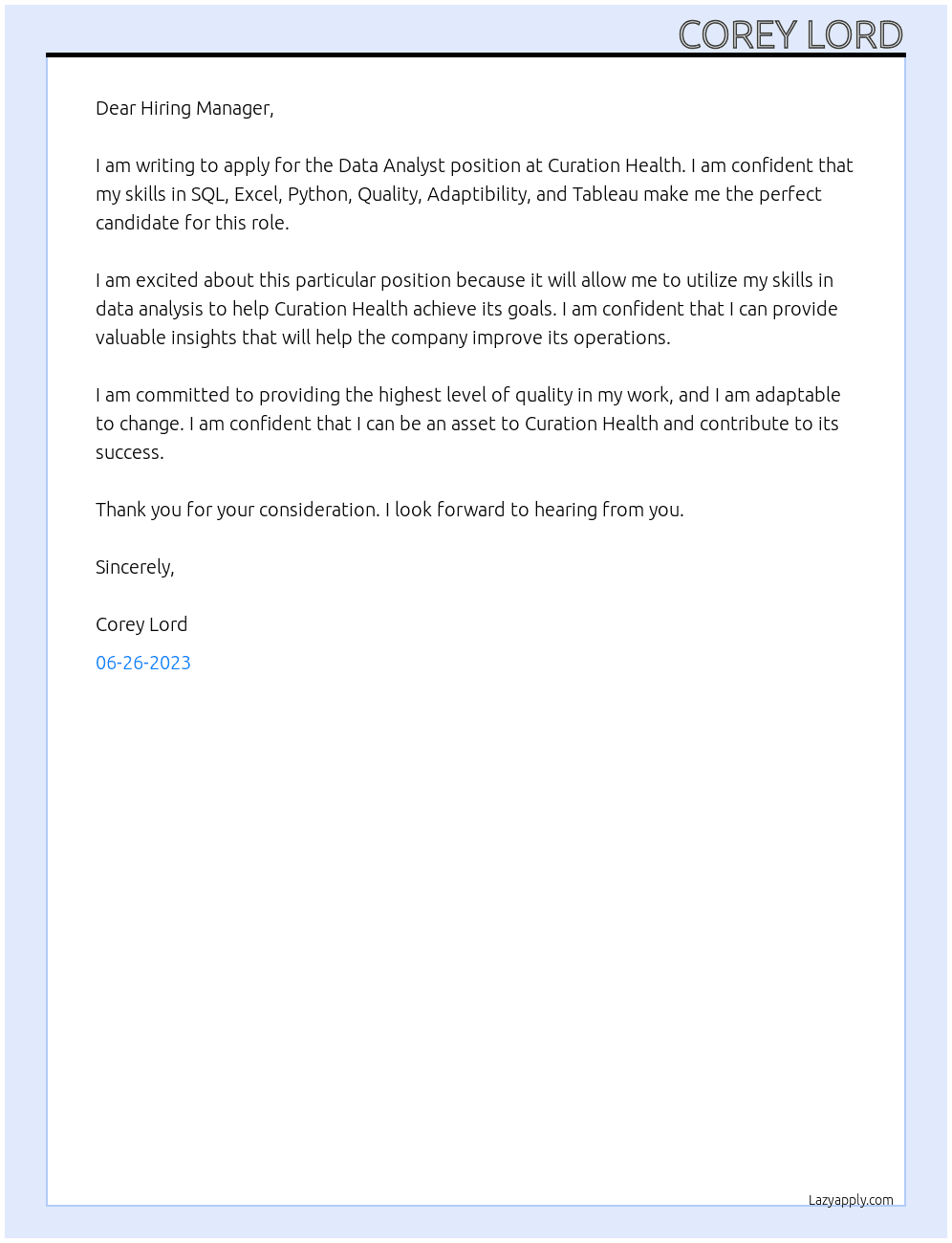 Data Analyst At Curation Health Cover Letter
