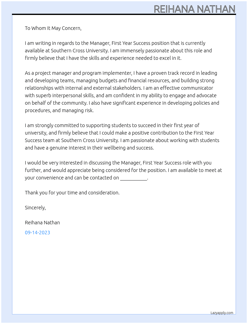 Manager, First Year Success At Southern Cross University Cover Letter