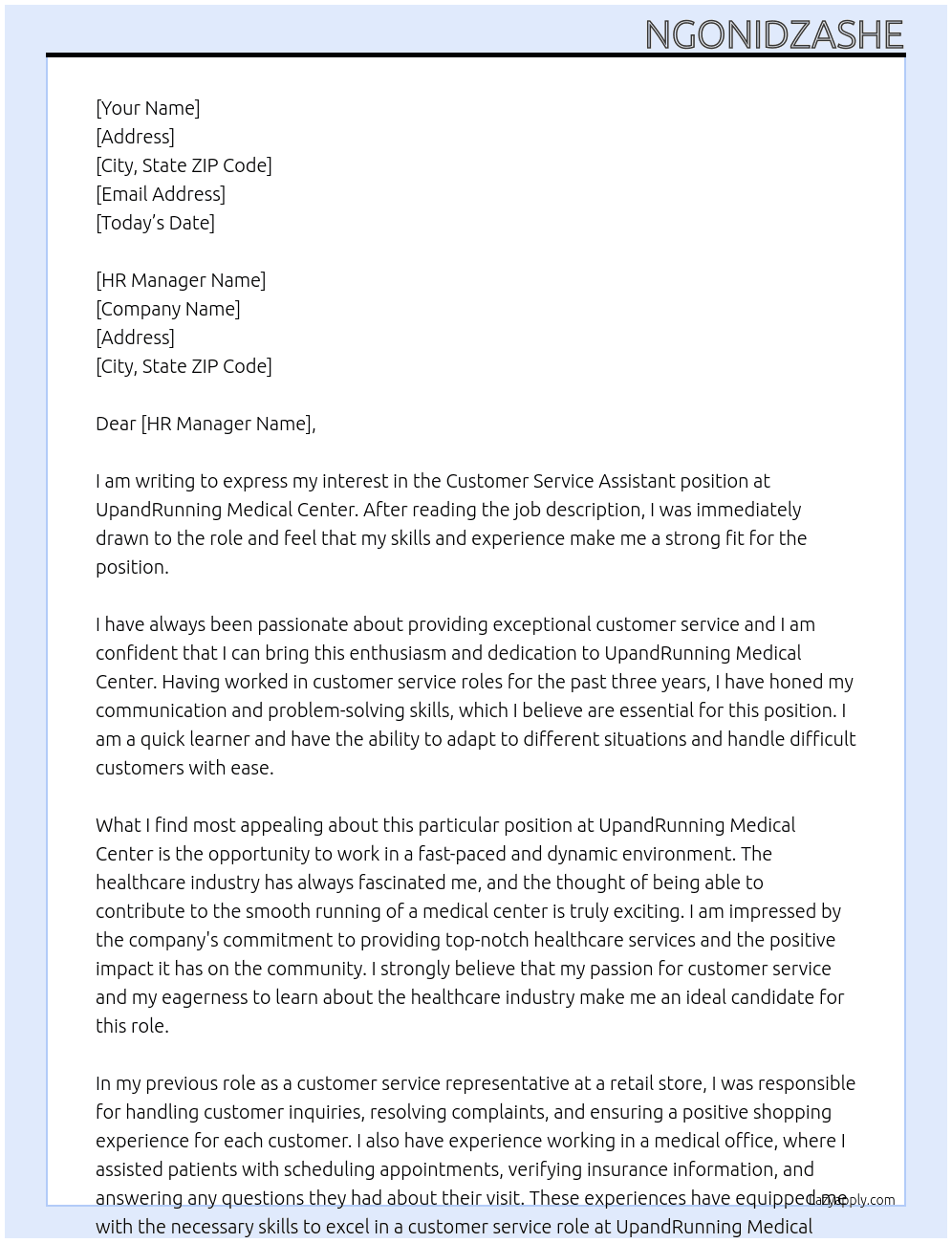 Customer Service Assistant At UpandRunning Medical Center Cover Letter
