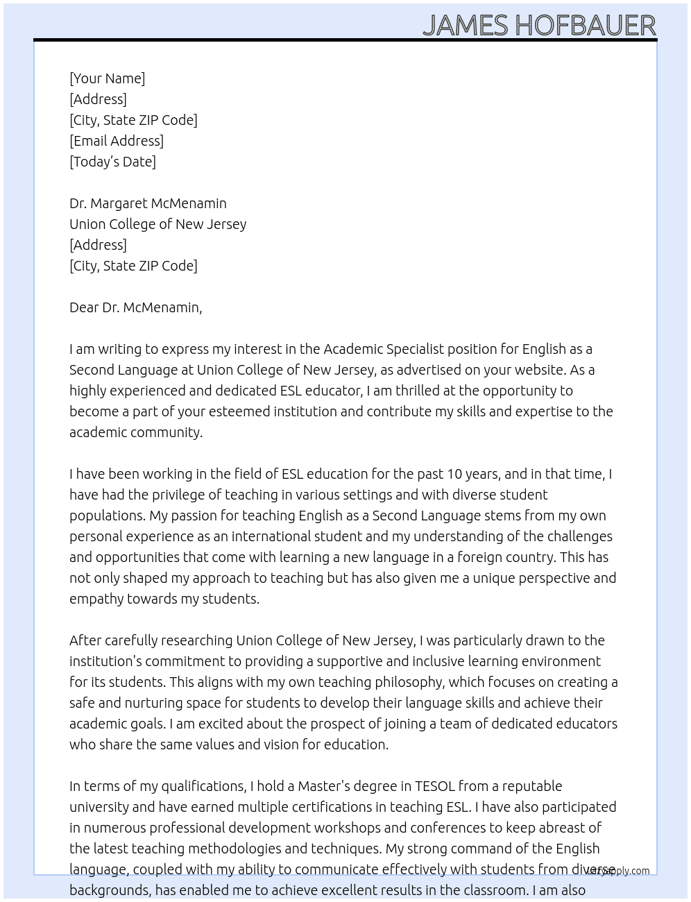 Academic Specialist, English as a Second Language At Union College of New Jersey Cover Letter