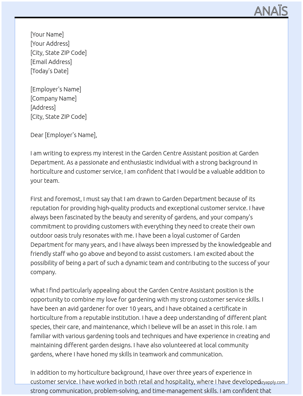 Garden centre assistanr At Garden Departement Cover Letter