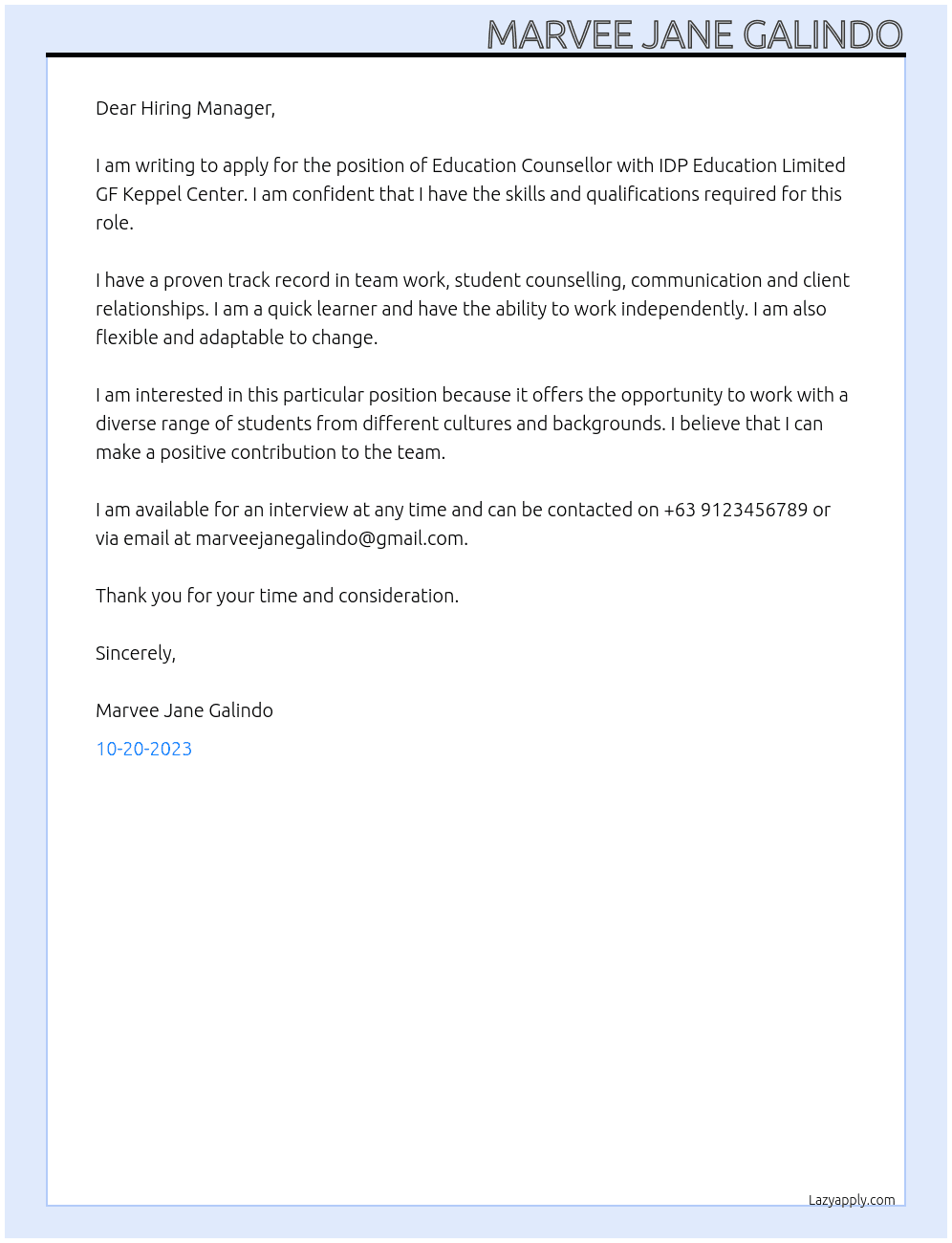 Education Counsellor At IDP Education Limited GF Keppel Center Cover Letter